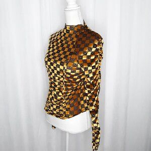 Urban Outfitters Natalia Burnout Mock Neck Top Gold Velvet Dice Print